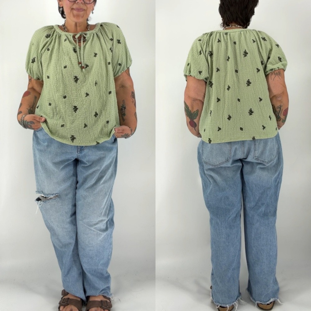Fig + Flower crinkle peasant blouse plus size 2X cottage puff sleeve whimsy top